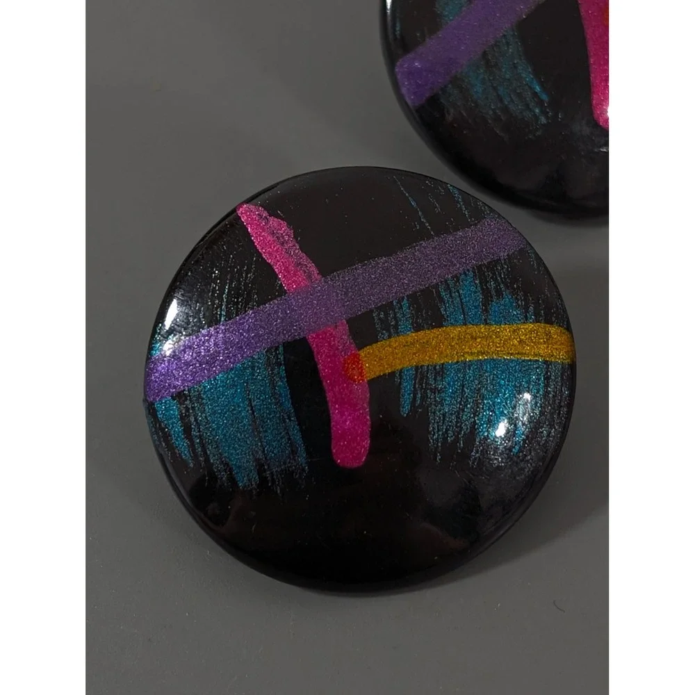 Vintage Y2K Black Acrylic Earrings Neon‎ Stripe Teal Pink Purple Round